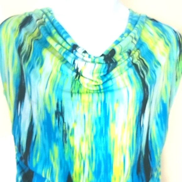 Tank top cowl neck stretch gathered sides blue yellow black abstract print EUC - Picture 3 of 9